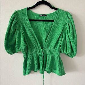 ZARA Bright Green Puff-Sleeve Tie-Front Blouse